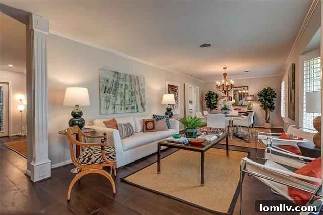 Elegant Living and Dining Room with Wide White Oak Hardwoods at 6324 Inca Road