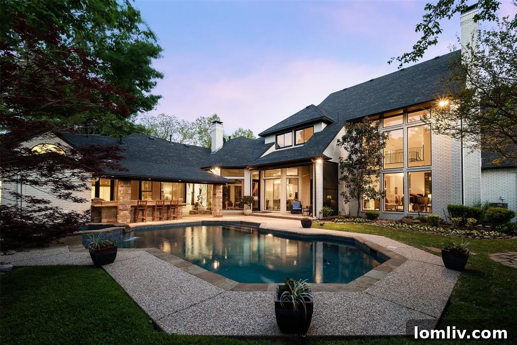 The expansive and beautifully maintained backyard of 6049 Glendora, featuring a heated pool, covered cabana, and lush landscaping, creating a perfect outdoor retreat.