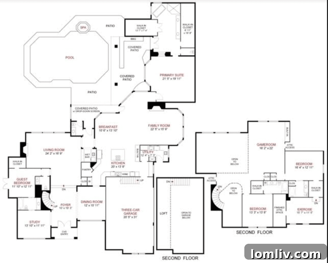 Detailed floor plan overview of 6049 Glendora, showing the spacious layout with two distinct wings and multiple living areas.