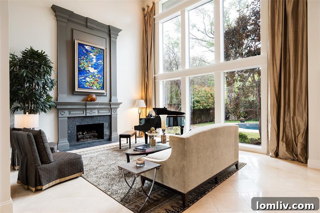 The luxurious master bedroom suite at 6049 Glendora, showcasing the dual-sided fireplace and serene decor.