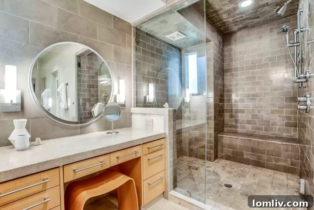 Modern bathroom vanity and mirror in the Domiteaux-designed home