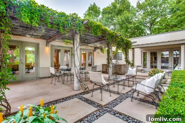 Cozy outdoor seating area with modern furniture, part of the postmodern compound's courtyards