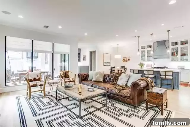 Spacious open-concept living area with large windows and fireplace