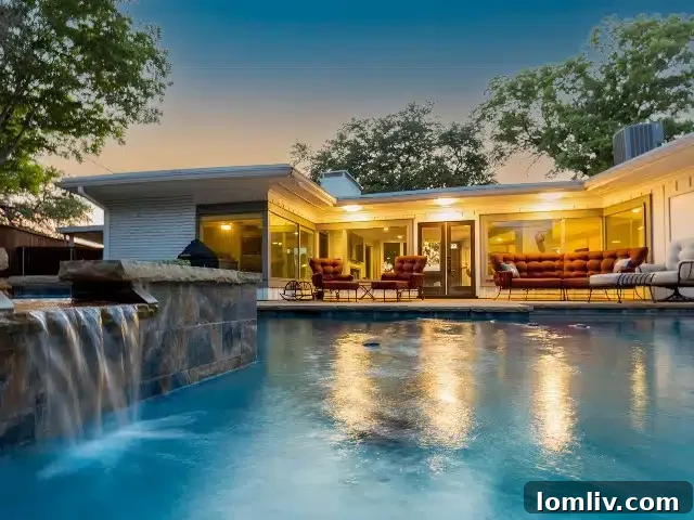 Midcentury Modern home backyard oasis with pool in Fort Worth