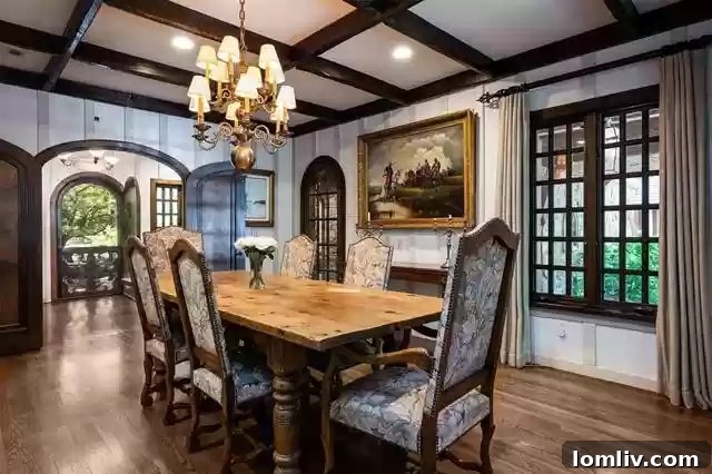 Elegant interior space with a fireplace and rich wood detailing