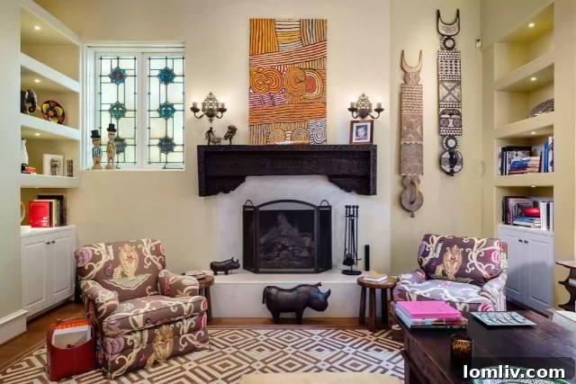 Cozy family room with decorative leaded windows and built-in bookshelves