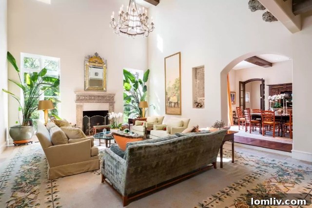 Living room with carved wood ceiling beams and chiseled stone fireplace