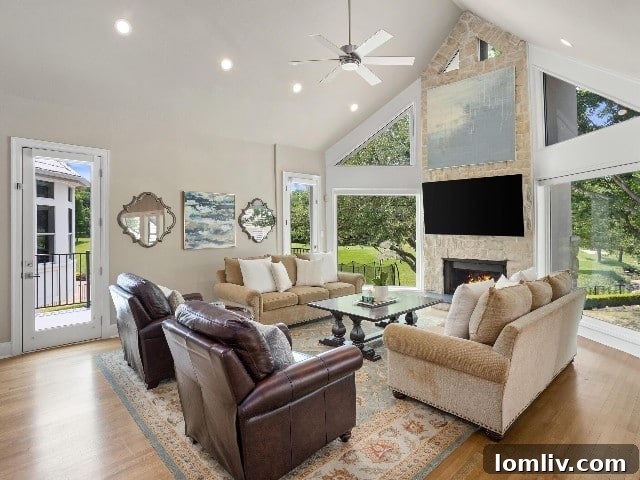 Living room with multiple windows overlooking Mira Vista golf course