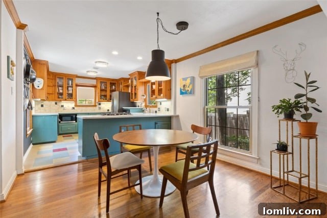 Spacious and bright kitchen with colorful linoleum flooring.
