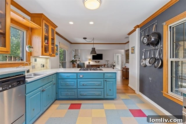 Close-up of the vibrant kitchen linoleum.