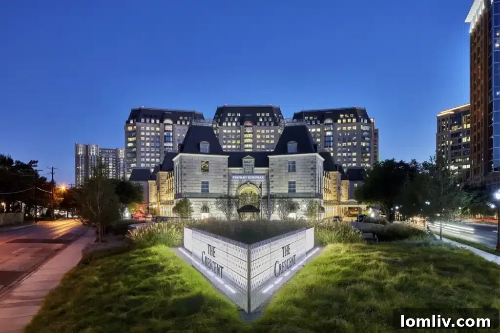 The Crescent building facade in Uptown Dallas, showcasing its iconic architecture and prominent location.