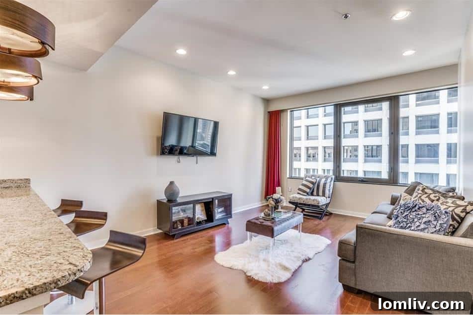 Urban Elegance Redefined: A Highrise Haven in the City 3 A bright and open living room in The Metropolitan Dallas condo, featuring a large window with metropolitan urban views.