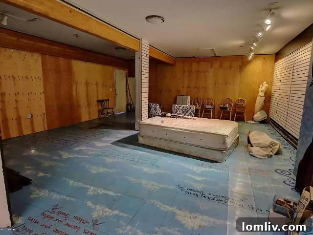 Another perspective of a bedroom in the Talkeetna property, highlighting unusual floor markings.