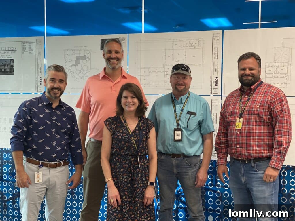 Michael Warren and Polly McKeithen (HP MAPS); Brett Holzle, Principal, Stantec: Jim Bagby and Patrick Surratt, Lee Lewis Construction collaborating on the playhouse.