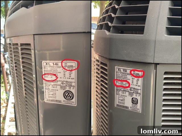 Close-up of an older AC unit, highlighting components and potential wear, inviting closer inspection of crucial labels