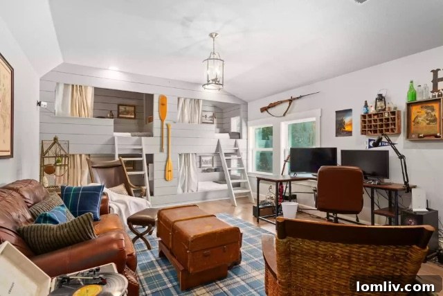 Rustic yet refined boys' bunkhouse room, designed for comfort and adventure, perfect for guests or children