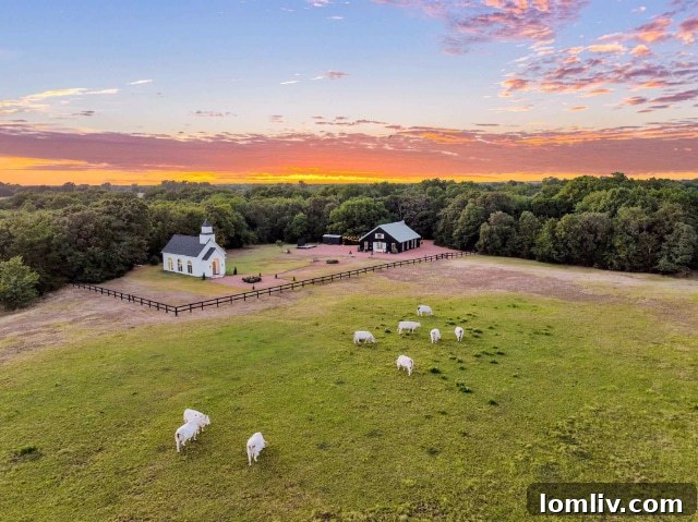 Aerial view showcasing the vast 56-acre property, including the main house and surrounding landscape near Whitesboro
