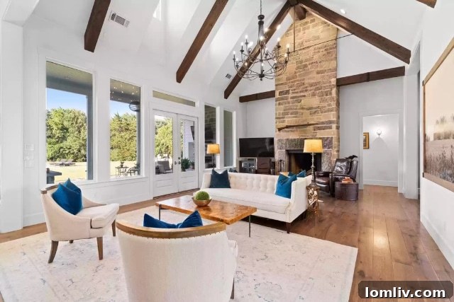 Spacious open-plan living area with high ceilings and natural light, blending comfort and modern farmhouse style