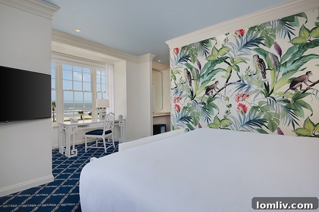 Whimsical monkey wallpaper adds character to the hotel's refined interiors.