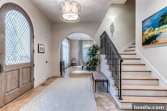 Elegant living room with a modern fireplace, high ceilings, and plush furnishings, offering a sophisticated space for relaxation