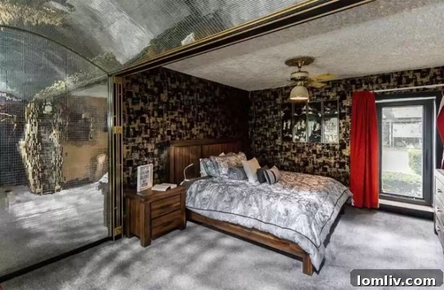 Midwest Oasis Shines with Las Vegas Glamour 9 Another view of the uniquely adorned walls, emphasizing the detailed dragon artwork within this unconventional Iowa home.