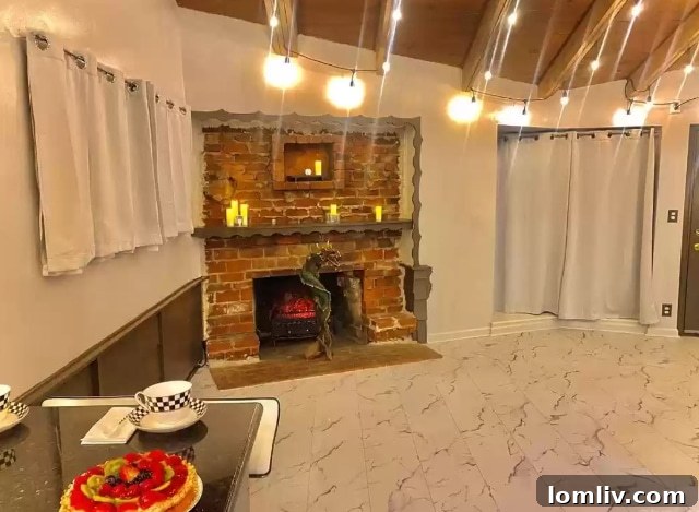 A unique fireplace in the Burbank house, adorned with a large, intricate dragon sculpture