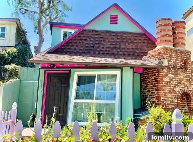 A different angle of the unique Burbank home exterior, highlighting its unconventional architecture and vibrant, eclectic style.