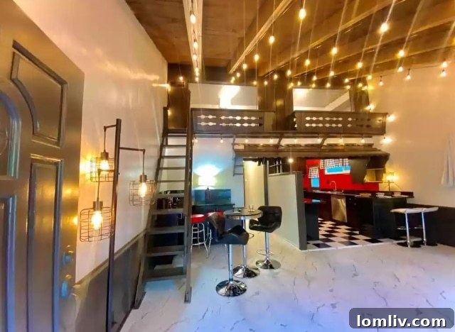 The interior of the 80s themed Burbank house, showcasing bright neon lights, bold colors, and retro furniture, capturing the Café 80s vibe.