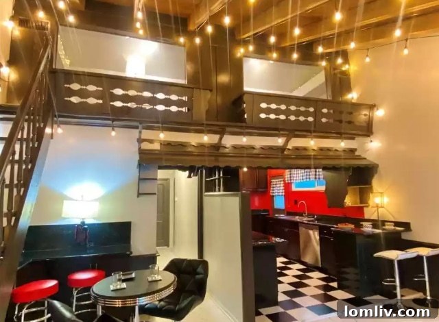 Another view of the eccentric 80s interior, highlighting geometric patterns, a unique lighting scheme, and a playful atmosphere.