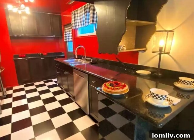 The kitchen area of the 80s house, featuring retro appliances, a colorful backsplash, and dynamic lighting, echoing a diner-like aesthetic.
