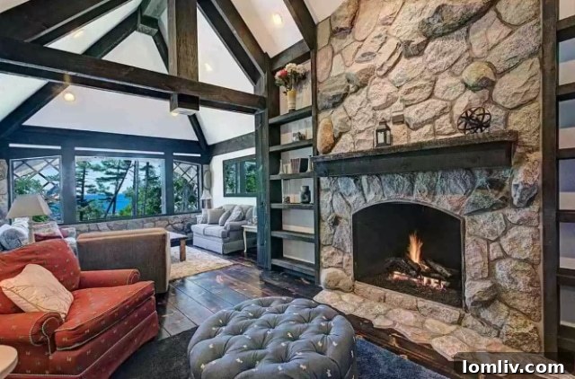 Natural stone walls and unique window design on a Charlevoix 'Gnome Home'