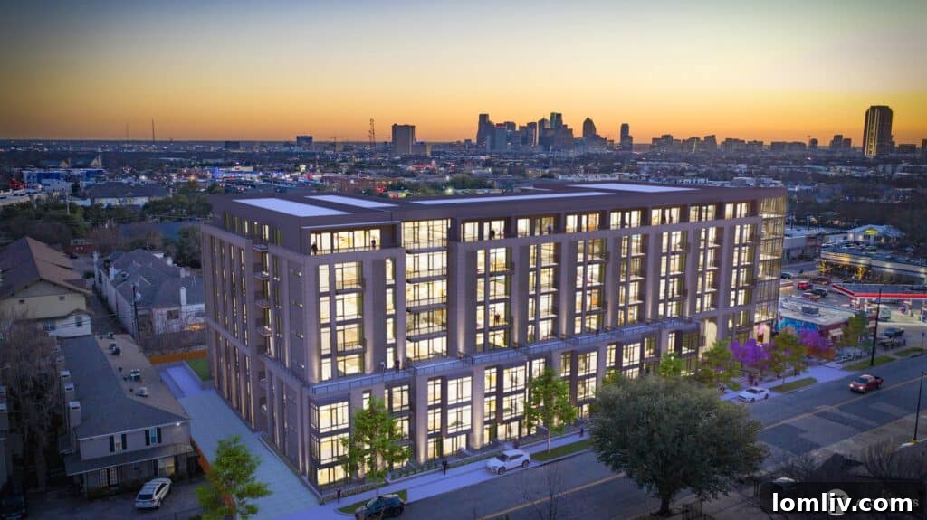 Aerial view of The ELE apartments in Lower Greenville, Dallas, after devastating flooding