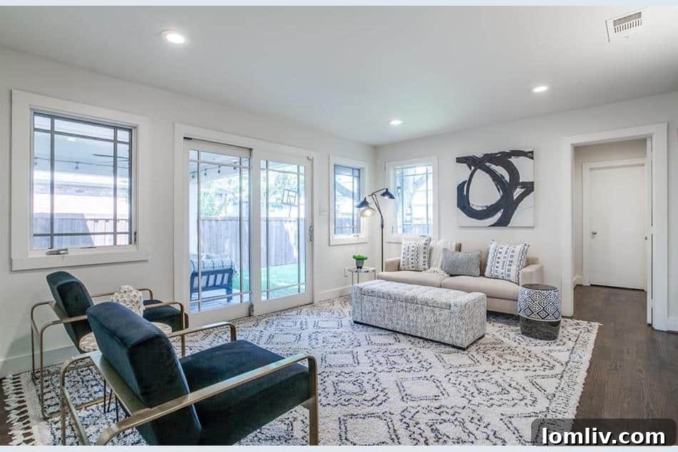 Midcentury's Fresh Modern Vibe 7 Cozy Second Living Area with Gas Fireplace and Backyard Views