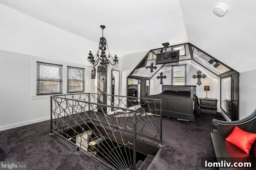 Another view of the mirrored bedroom, highlighting the dark and intricate design choices