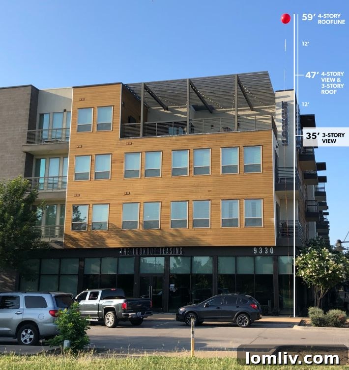 Visual comparison: A 59-foot balloon next to a four-story complex, illustrating the proposed height.