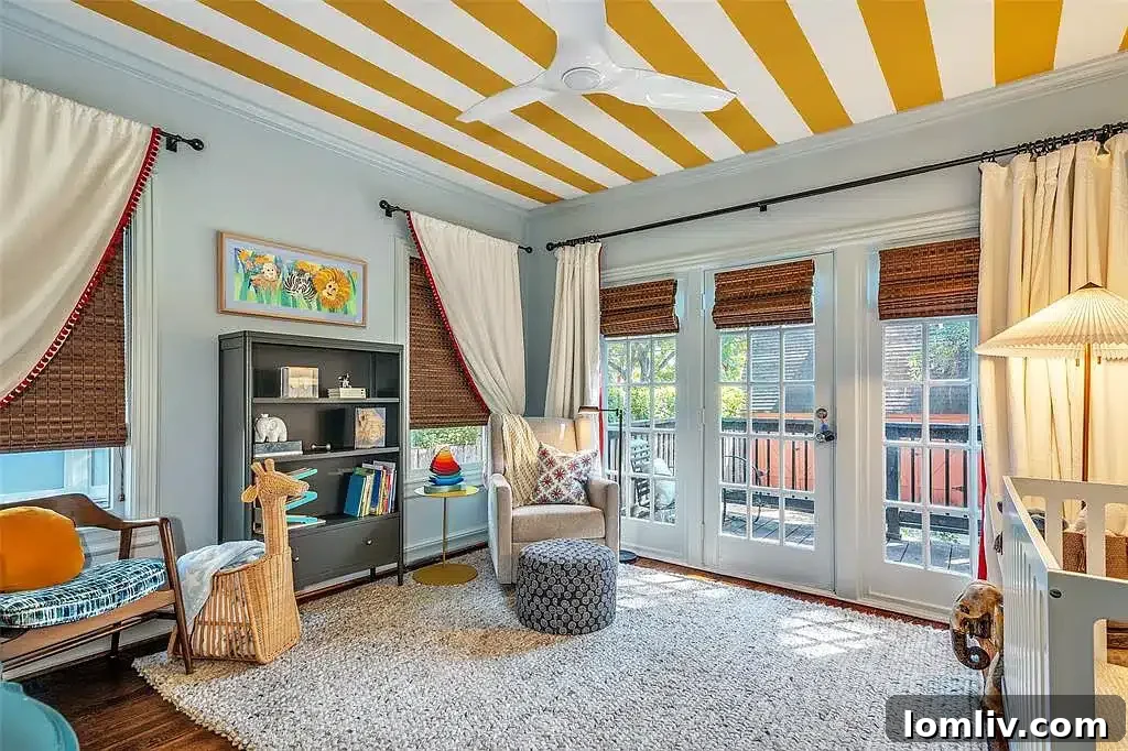 Children's Room with Bold Maize Stripes and French Doors to Deck