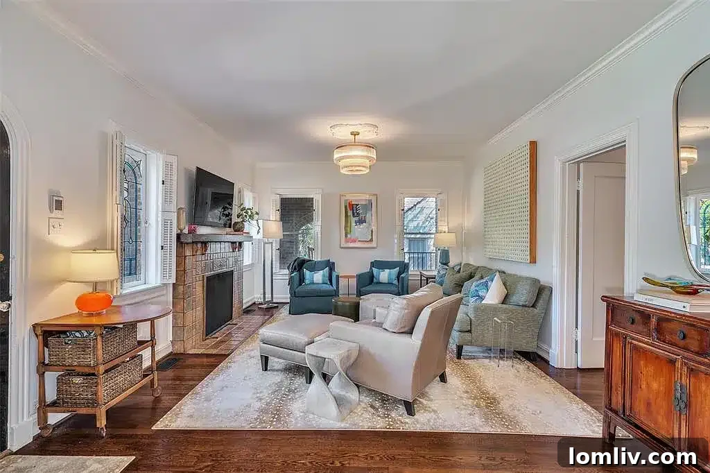 Arched Entryway and Living Room with Batchelder Fireplace