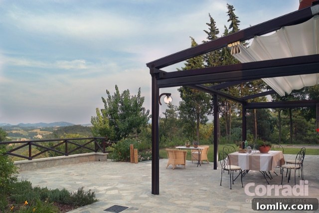 Expansive commercial outdoor dining area with Corradi shade structures