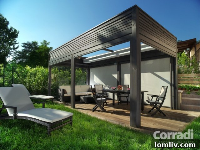 Modern residential patio featuring a Corradi Pergotenda system