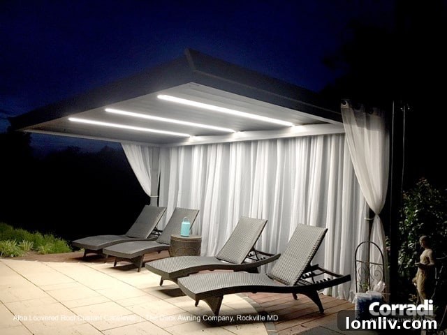 Inviting outdoor dining area shaded by a Corradi pergola system