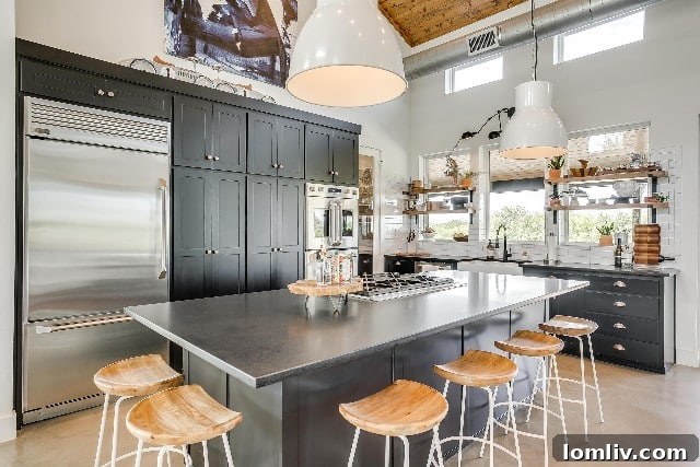 Modern farmhouse kitchen with industrial design integrated into the great room