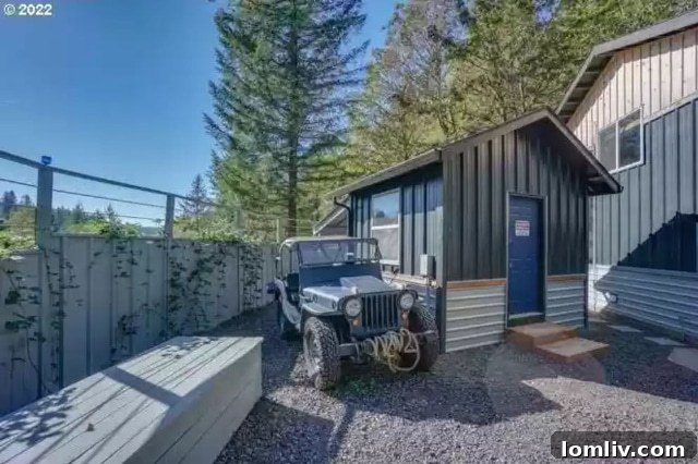 Outdoor garage or shed, showing a regular vehicle parked, contrasting with the dinosaur theme