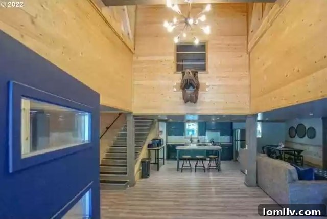 Living room of the dinosaur-themed house, showing contemporary furniture and decor