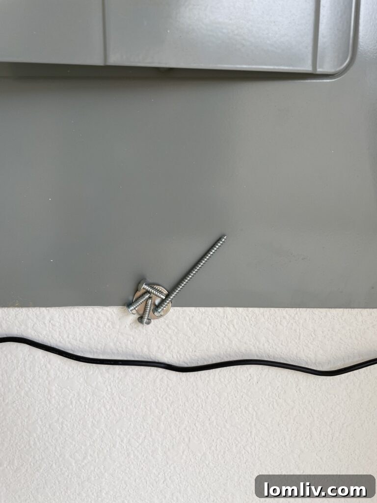 A collection of screws used in an electrical panel, with one notably long and sharp screw highlighted as a safety hazard.
