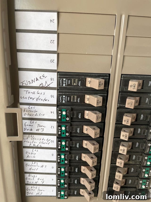 An electrical panel with poorly labeled circuit breakers, demonstrating a lack of clear organization.
