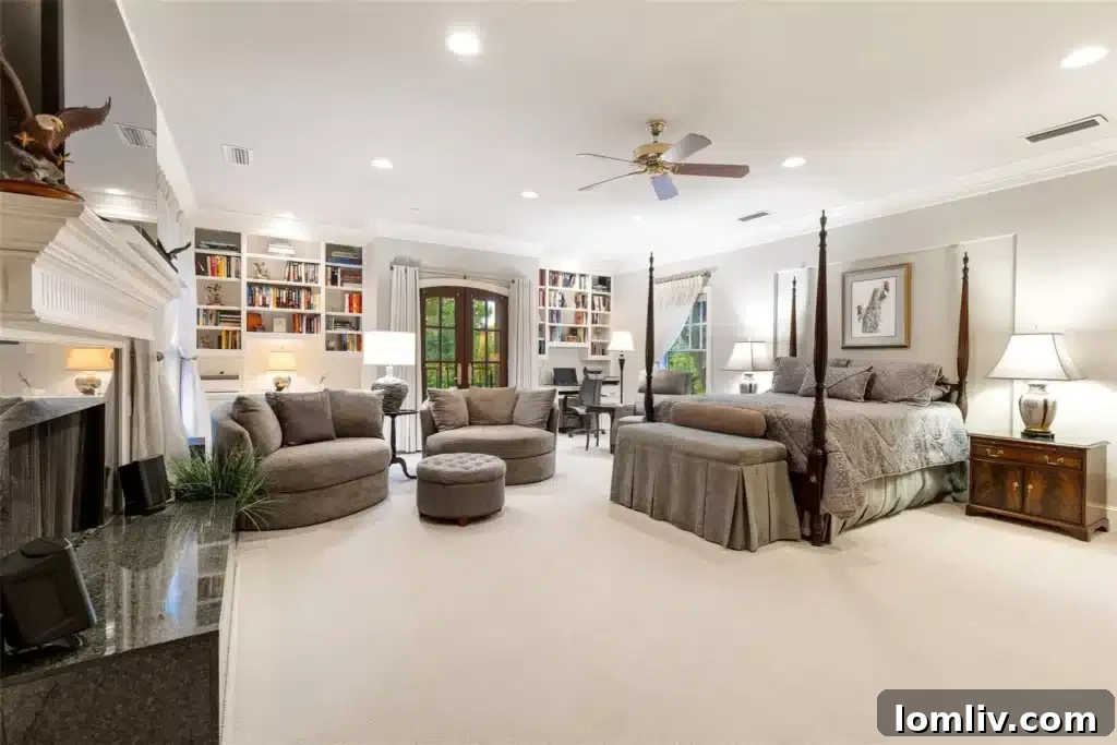 Spacious primary owner's suite with desk area and elegant furnishings