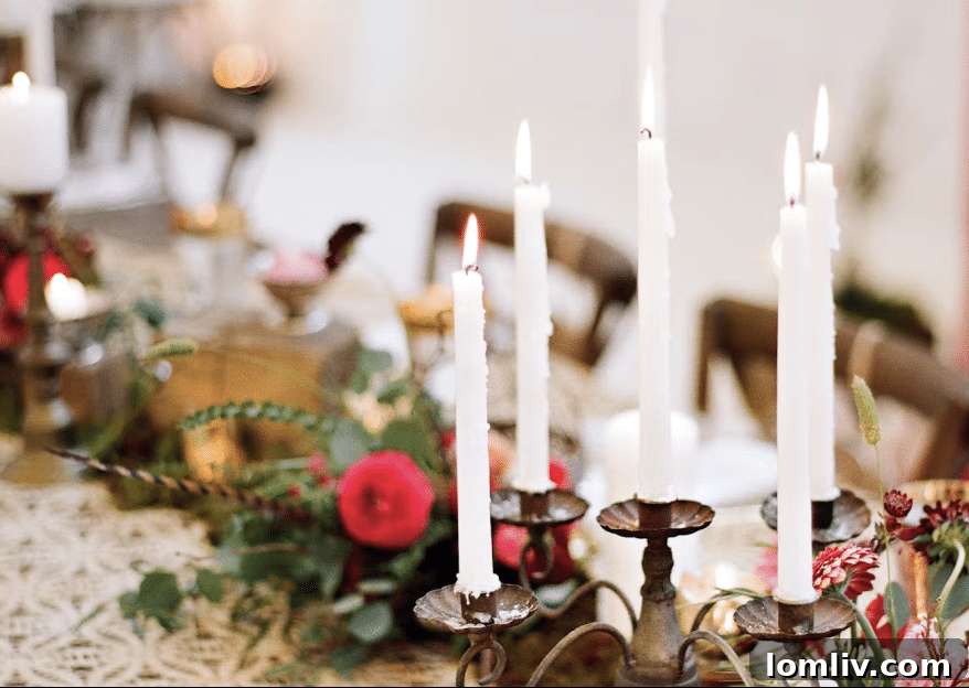Görkemli Bayram Sofralarına Şükran 8 Candles and floral centerpiece creating a romantic table atmosphere