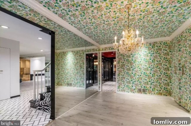 Ornate mirror reflecting the floral ceiling wallpaper in the dining room