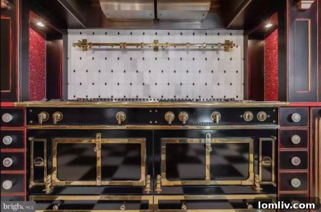 Boldly designed kitchen with a massive range and unique decor