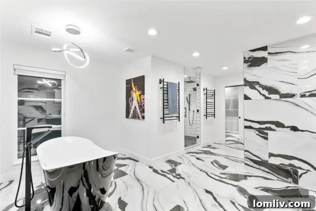 Spa-Inspired Oasis: The Primary Bathroom with Vibrant Marble and Soaking Tub